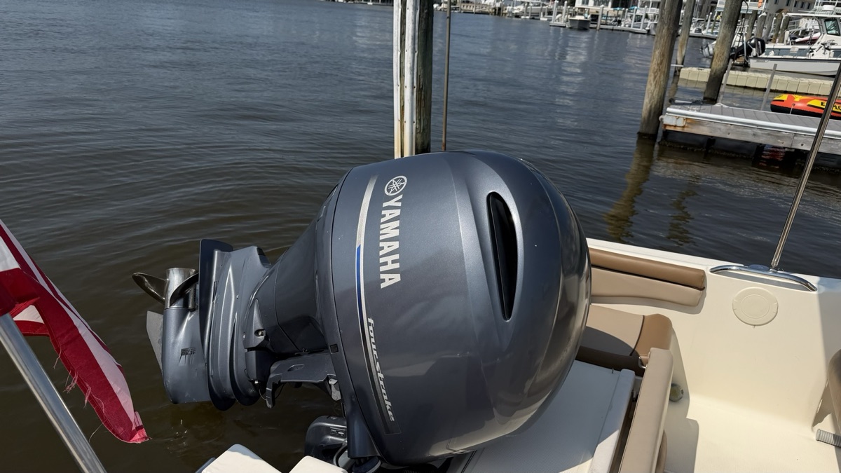 A Yamaha outboard with the cowling cleaned and the salt washed off.